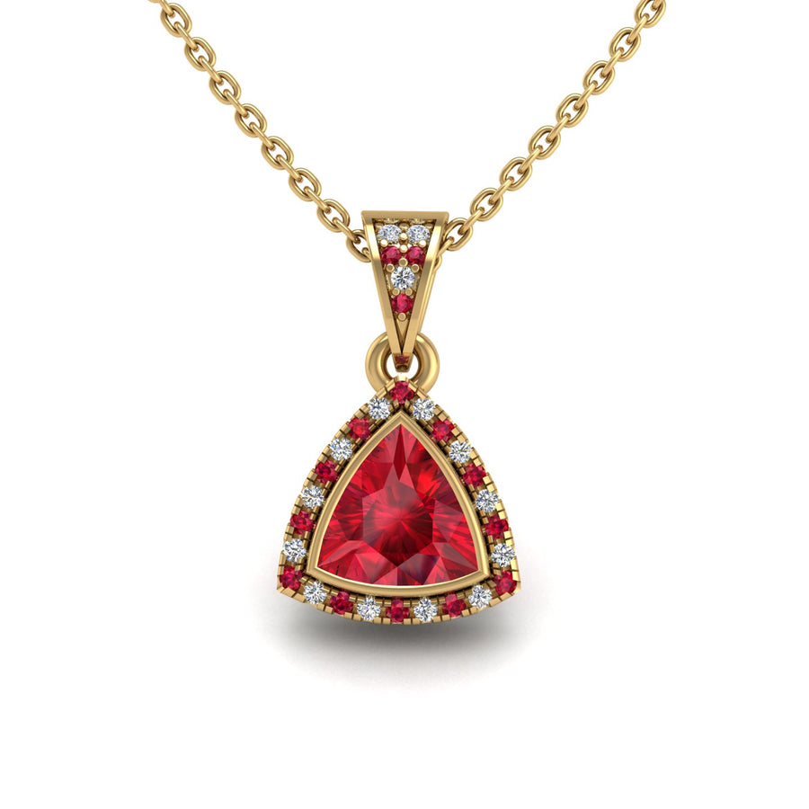 Gold ruby trillion heavenly halo pendant center view center view