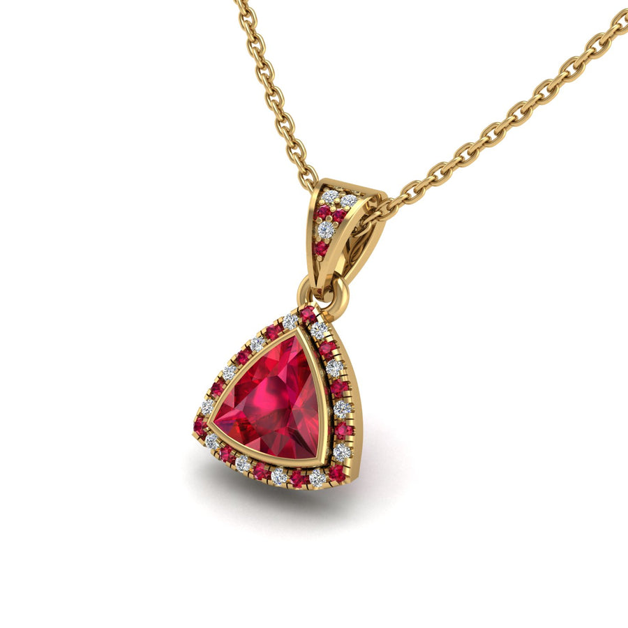 Gold ruby trillion heavenly halo pendant