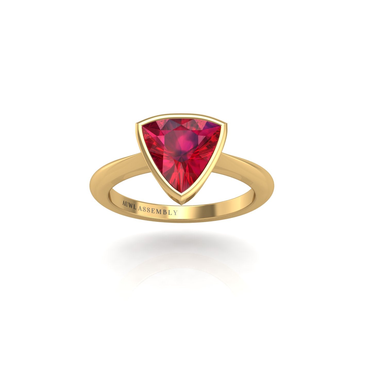 Gold ruby trillion solitaire ring front view