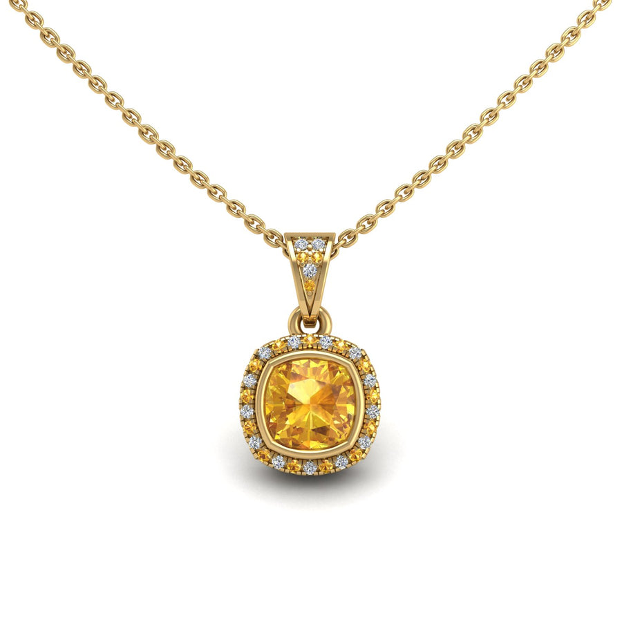 Gold yellow sapphire cushion  heavenly halo pendant center view