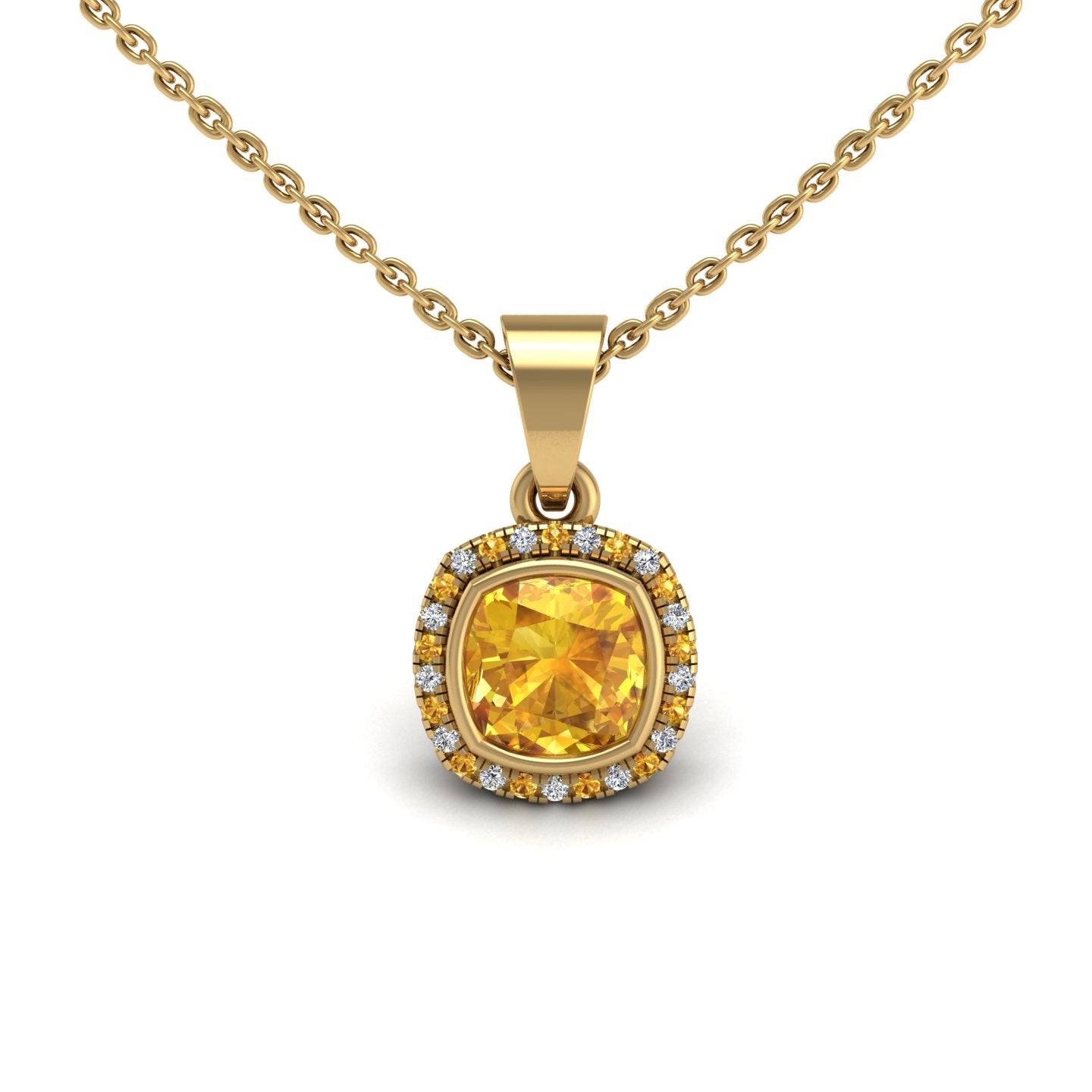 Gold yellow sapphire cushion divine halo pendant center view