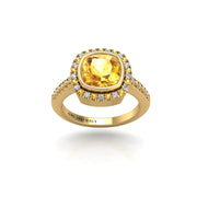 Gold yellow sapphire cushion halo ring front view