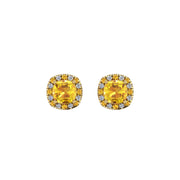 Gold yellow sapphire cushion halo stud earrings front view