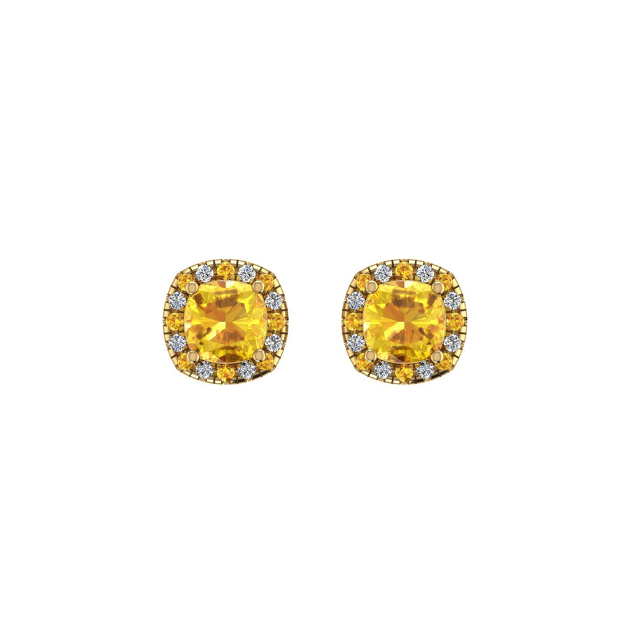 Gold yellow sapphire cushion halo stud earrings front view