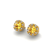 Gold yellow sapphire cushion halo stud earrings