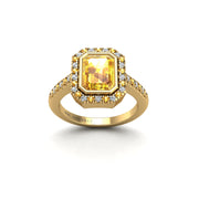 Gold yellow sapphire emerald halo ring front view