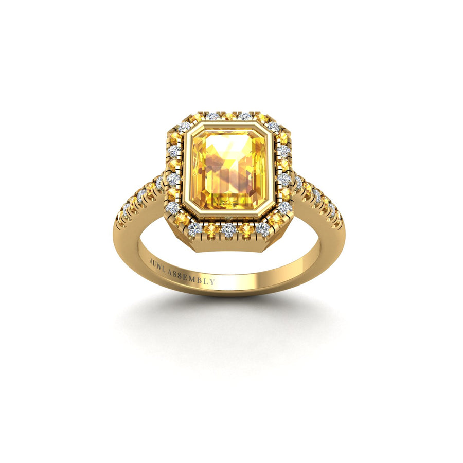 Gold yellow sapphire emerald halo ring front view