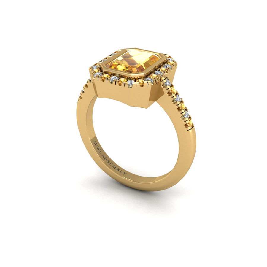 Gold yellow sapphire emerald halo ring