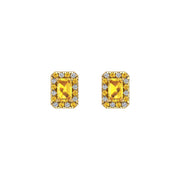 Gold yellow sapphire emerald halo stud earrings front view