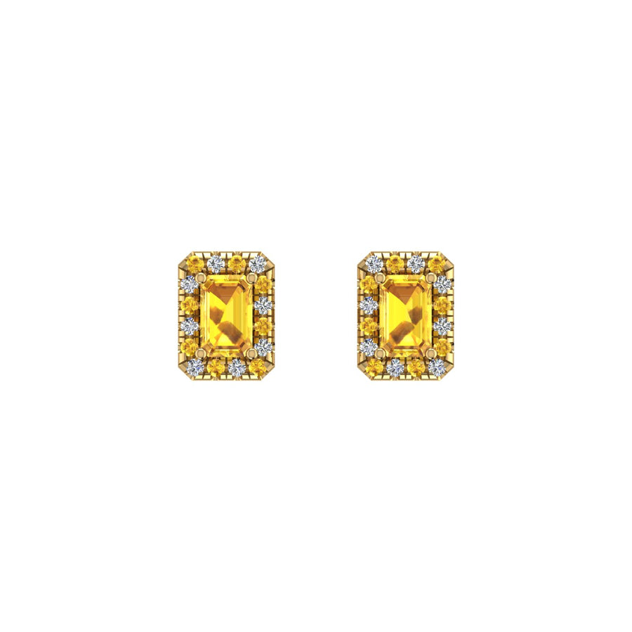 Gold yellow sapphire emerald halo stud earrings front view