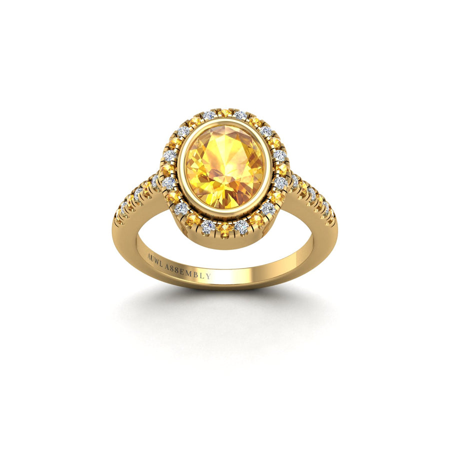 Gold yellow sapphire oval halo ring front view