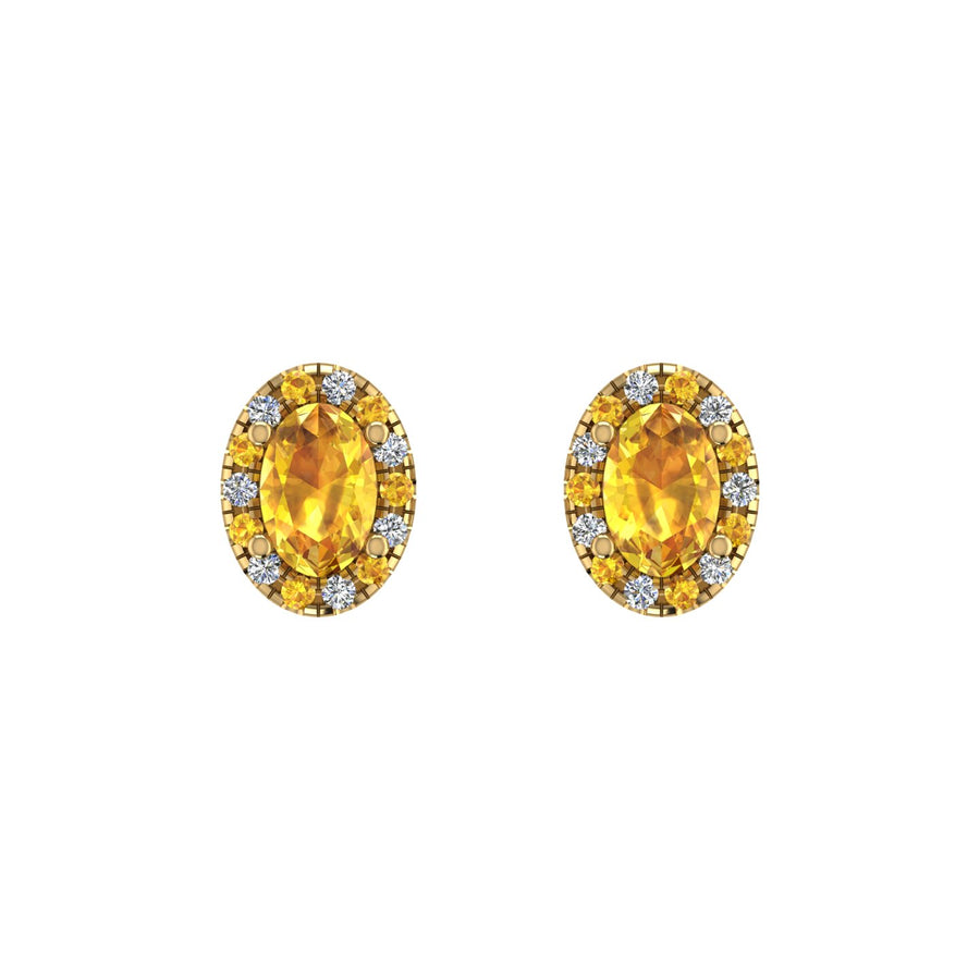 Gold yellow sapphire oval halo stud earrings front view