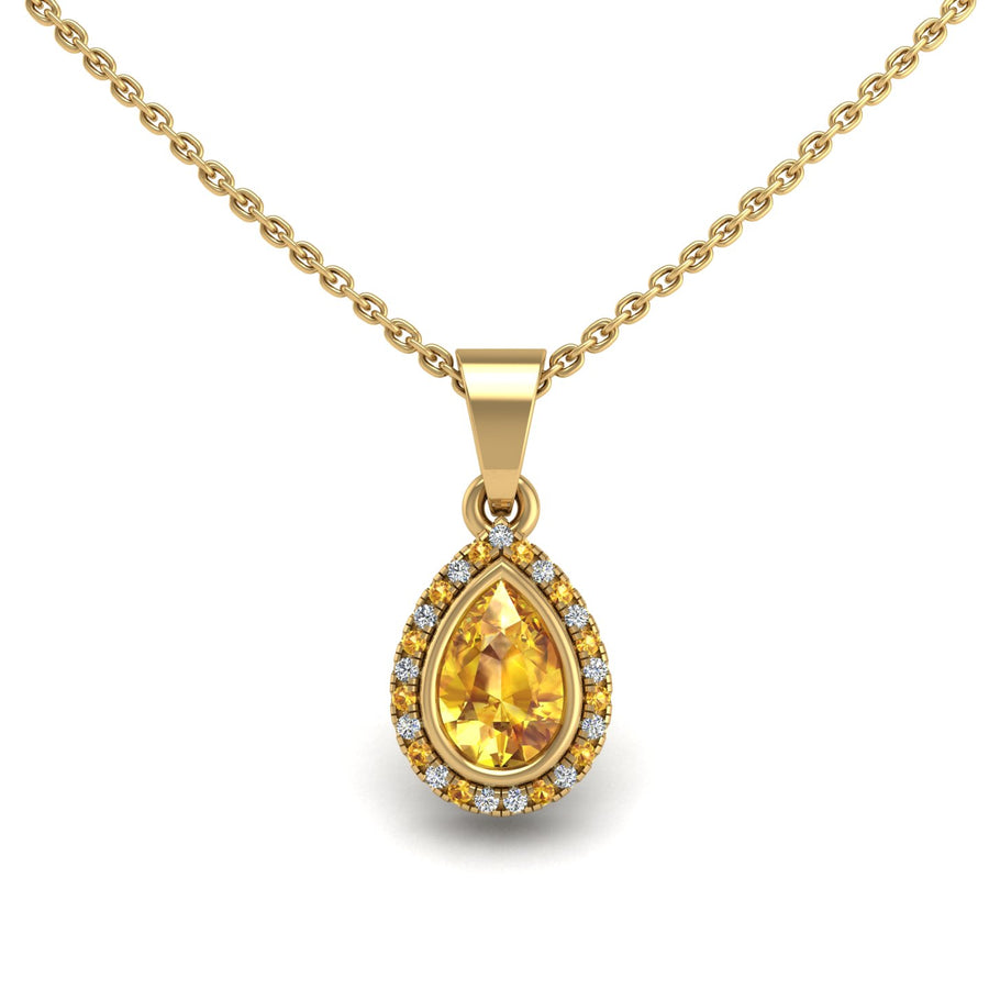 Gold yellow sapphire pear divine halo pendant center view
