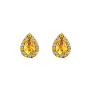 Gold yellow sapphire pear halo stud earrings front view