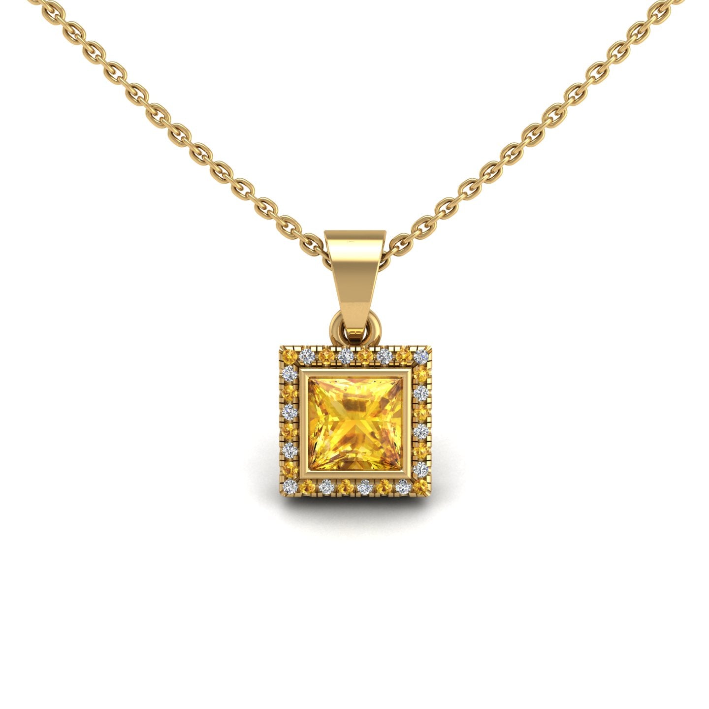 Gold yellow sapphire princess divine halo pendant center view