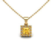 Gold yellow sapphire princess divine halo pendant center view