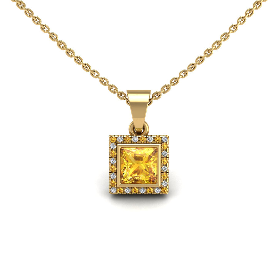 Gold yellow sapphire princess divine halo pendant center view