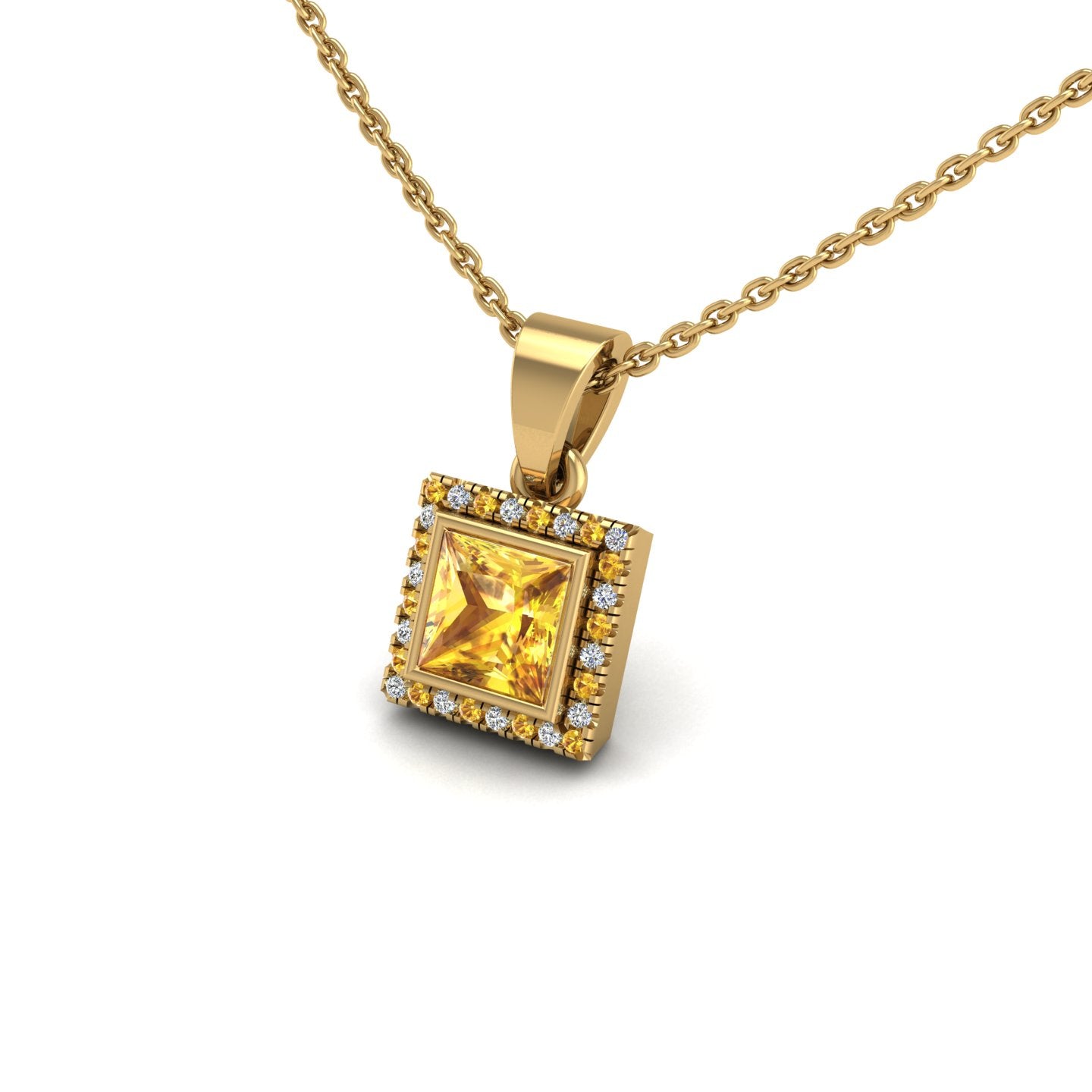 Gold yellow sapphire princess divine halo pendant