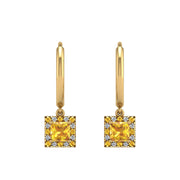 Gold yellow sapphire princess halo hoop earrings front view