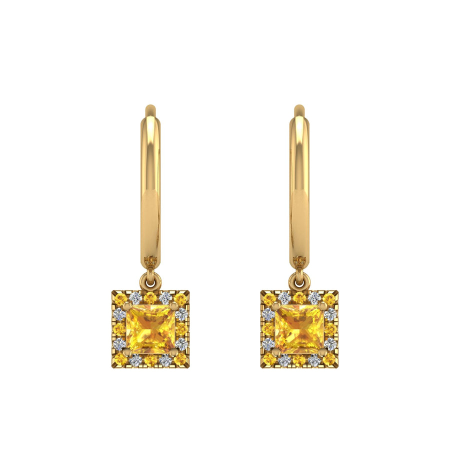 Gold yellow sapphire princess halo hoop earrings front view