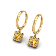 Gold yellow sapphire princess halo hoop earrings