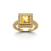 Gold yellow sapphire princess halo ring front view