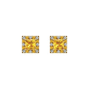 Gold yellow sapphire princess halo stud earrings front view