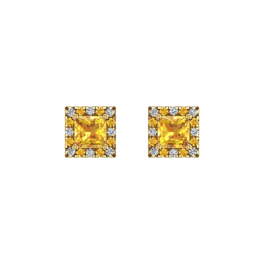 Gold yellow sapphire princess halo stud earrings front view