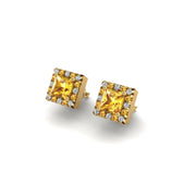Gold yellow sapphire princess halo stud earrings