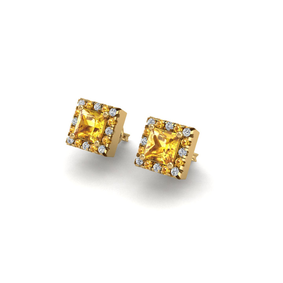 Gold yellow sapphire princess halo stud earrings