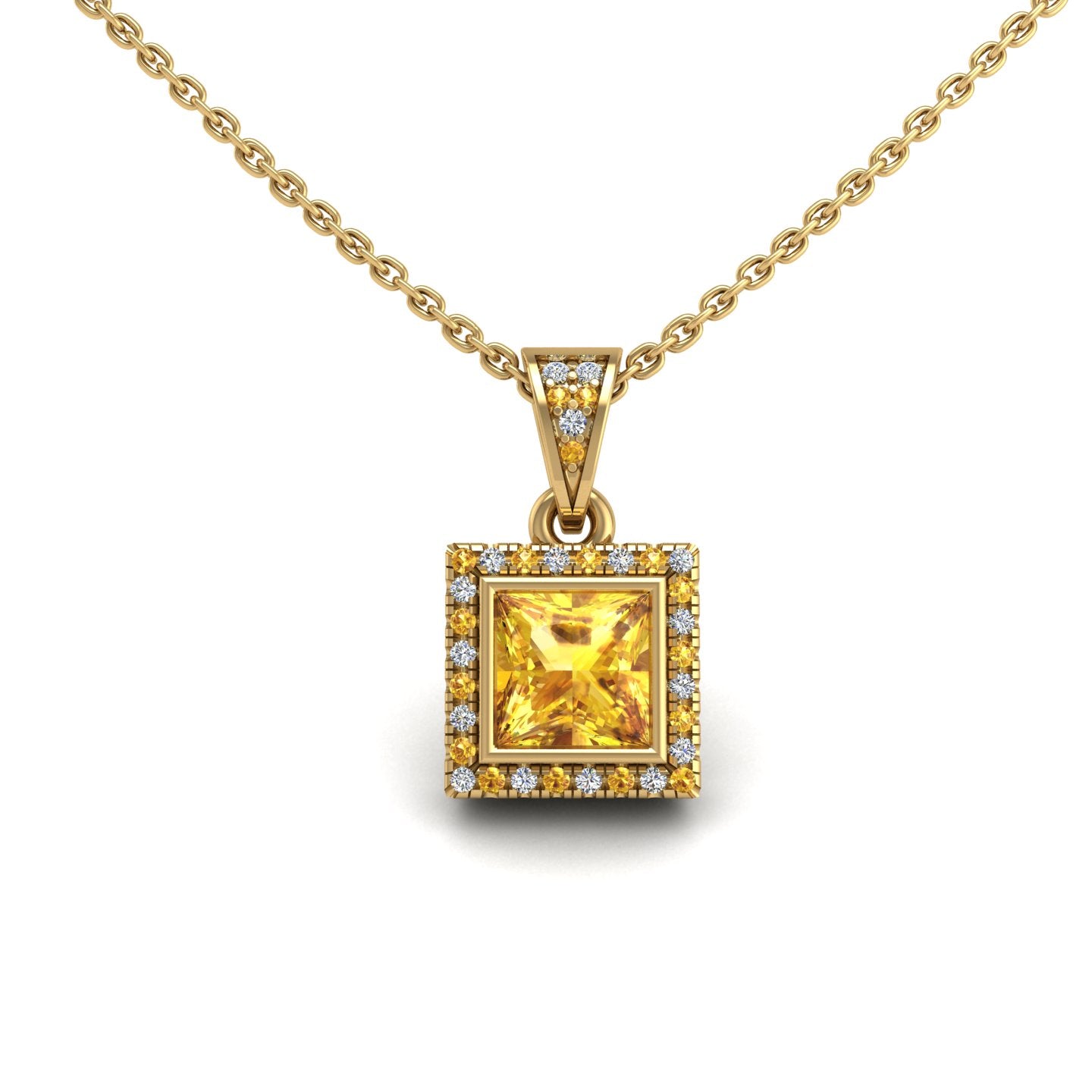 Gold yellow sapphire princess heavenly halo pendant center view
