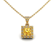 Gold yellow sapphire princess heavenly halo pendant center view