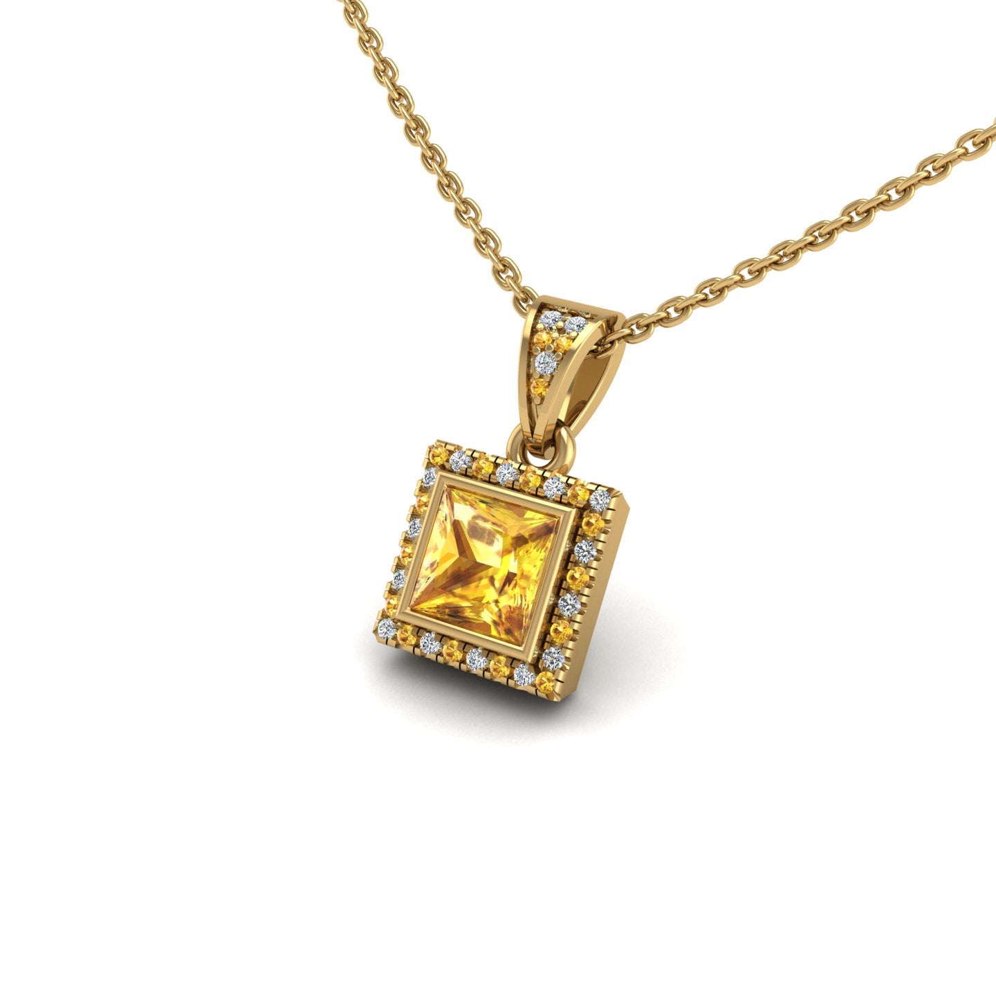Gold yellow sapphire princess heavenly halo pendant