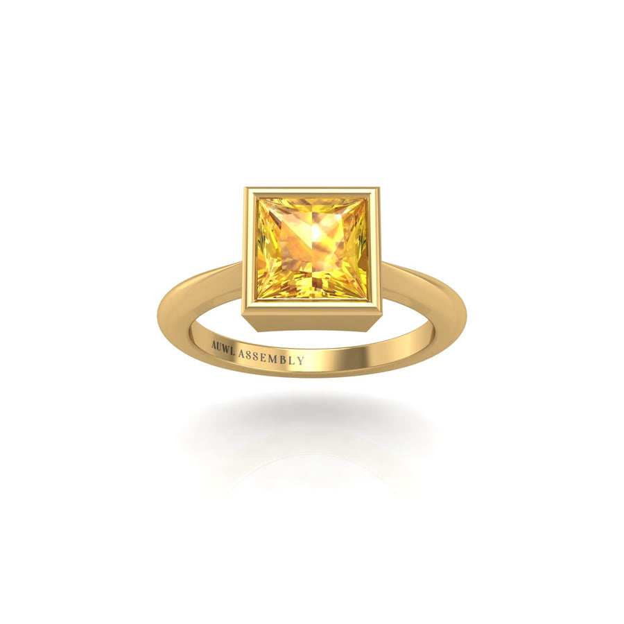 Gold yellow sapphire princess solitaire ring front view