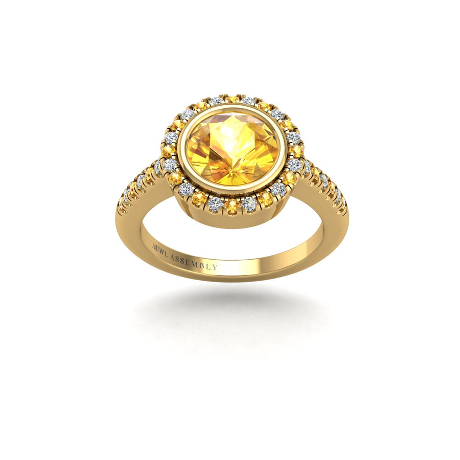 Gold yellow sapphire round halo ring front view
