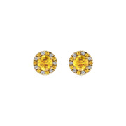Gold yellow sapphire round halo stud earrings front view