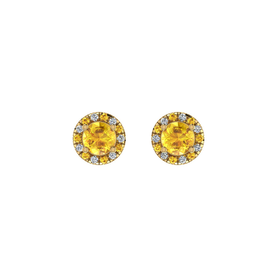 Gold yellow sapphire round halo stud earrings front view