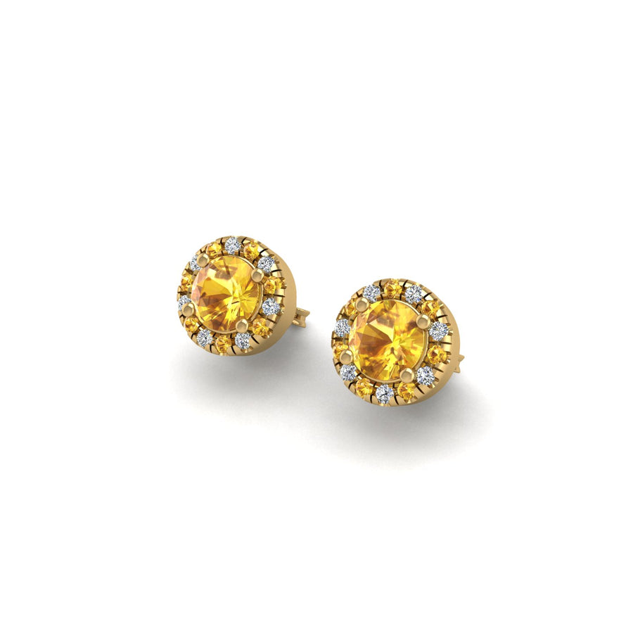Gold yellow sapphire round halo stud earrings