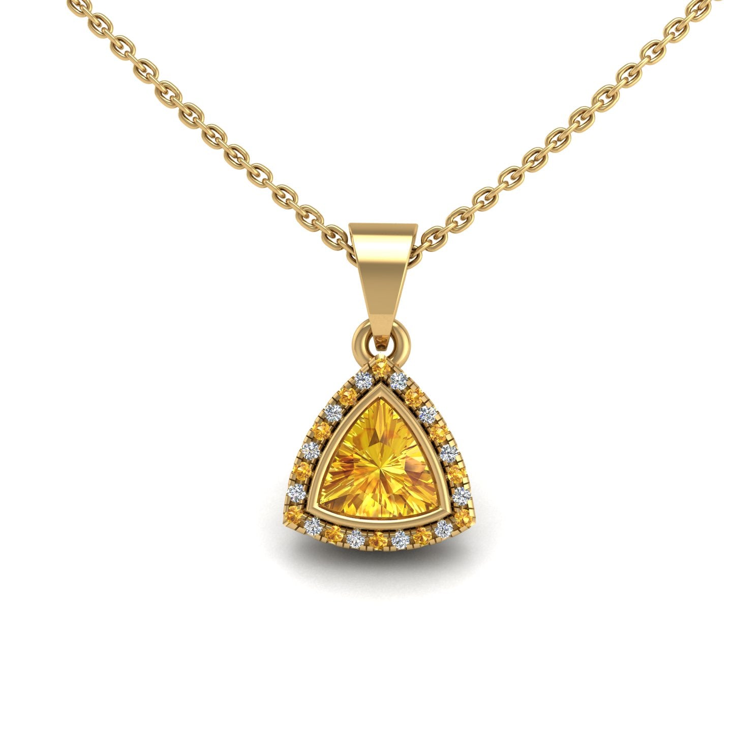 Gold yellow sapphire trillion divine halo pendant center view