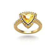 Gold yellow sapphire trillion halo ring front view