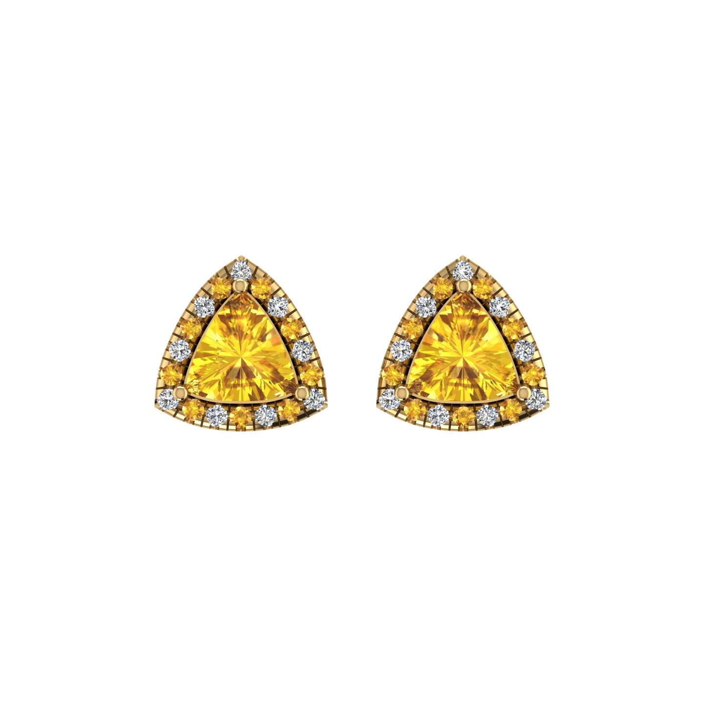 Gold yellow sapphire trillion halo stud earrings front view