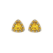 Gold yellow sapphire trillion halo stud earrings front view