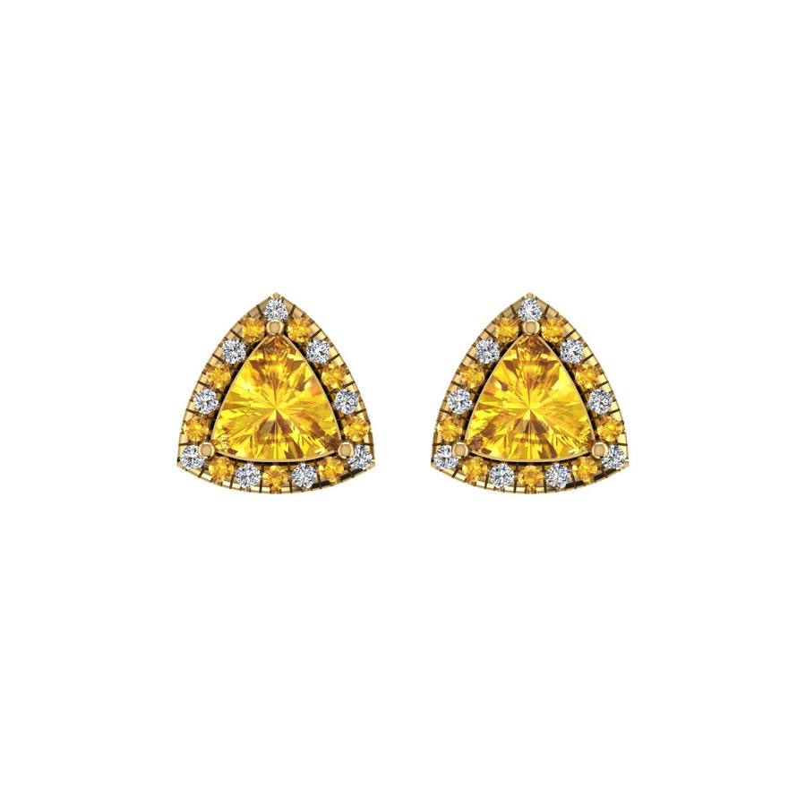 Gold yellow sapphire trillion halo stud earrings front view