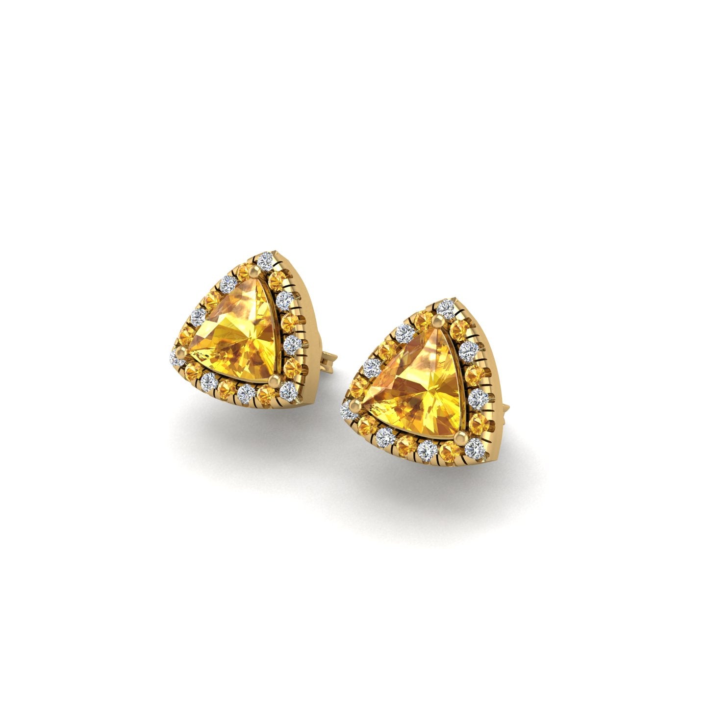 Gold yellow sapphire trillion halo stud earrings