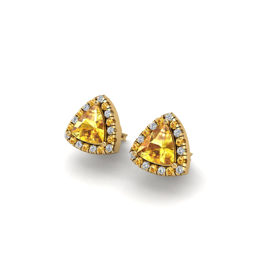 Gold yellow sapphire trillion halo stud earrings