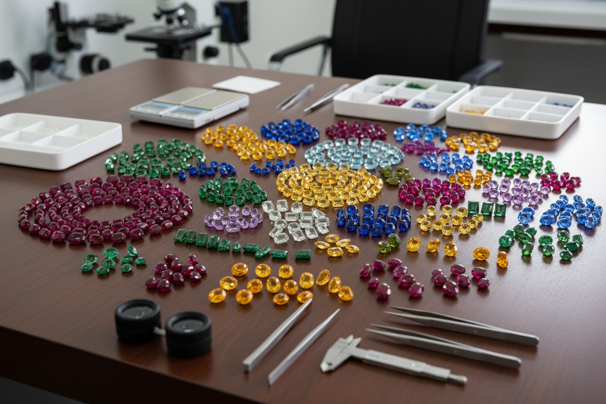 show-a-pack-of-colourful-naturally-mined-real-gemstones-scattered-on-a-qc-table-with-tools-and-equipments-only vibrant an colourful gemstones and no crystals.