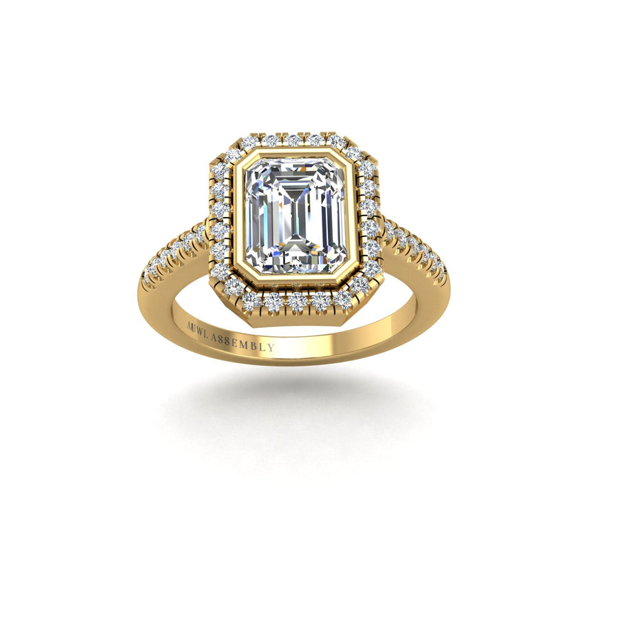 starry emerald lab-grown diamond halo ring